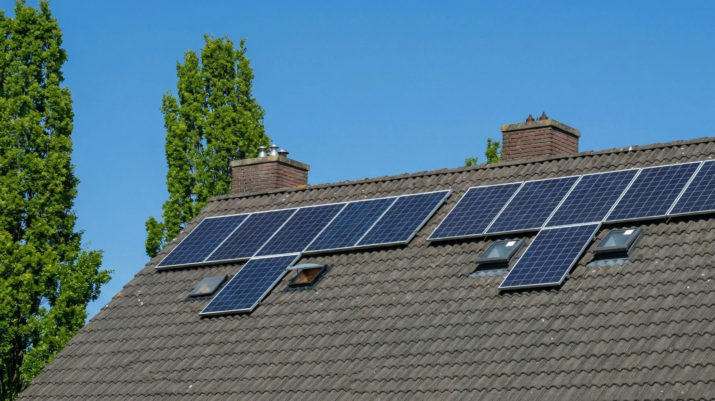 Toiture en tuiles grises avec installation de panneaux solaires photovoltaïques