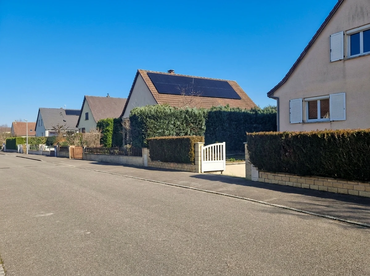 Maison individuelle vue extérieure, façade violette avec balcon blanc, volets blancs