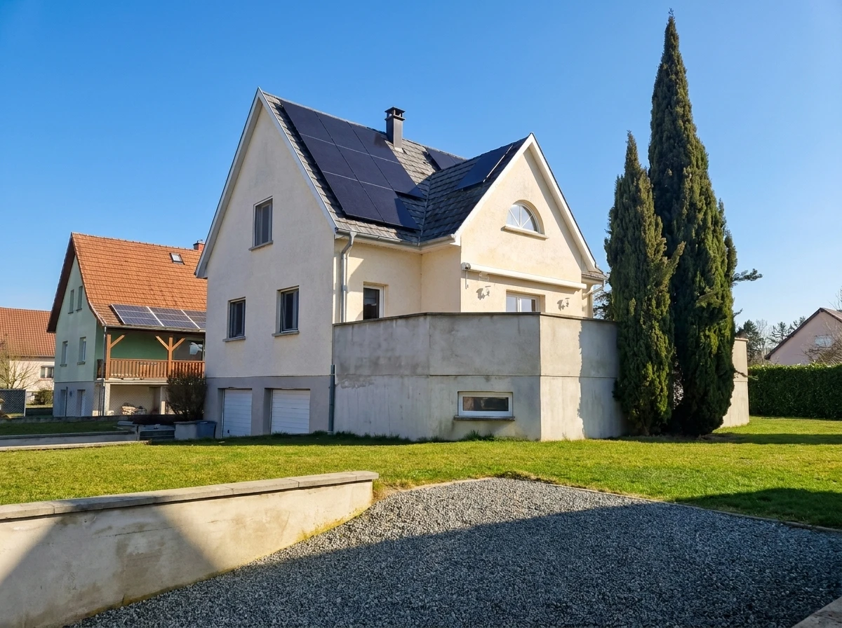 Toiture en ardoise d'une maison résidentielle équipée de panneaux solaires photovoltaïques monocristallins noirs, disposés en deux rangées horizontales