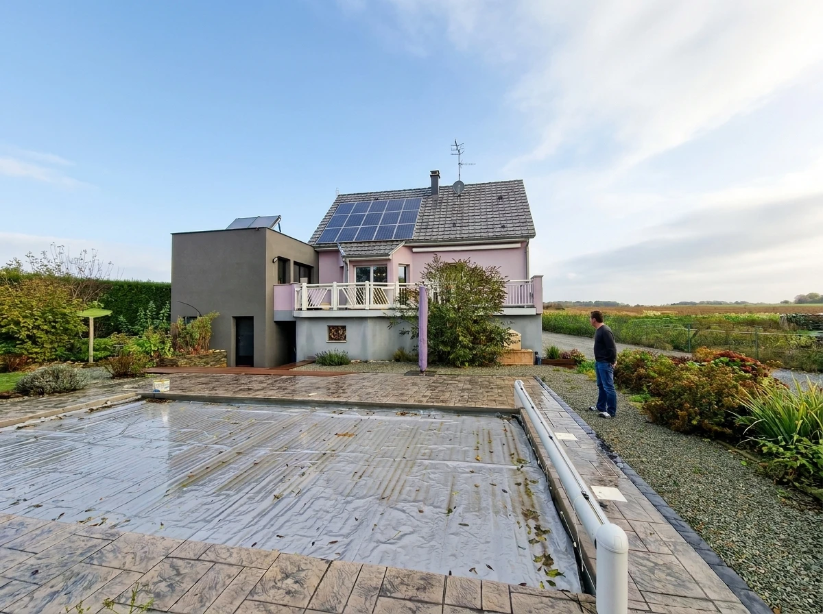 Toiture en tuiles grises d'une maison individuelle équipée de panneaux solaires photovoltaïques monocristallins bleu foncé, disposés en deux groupes asymétriques